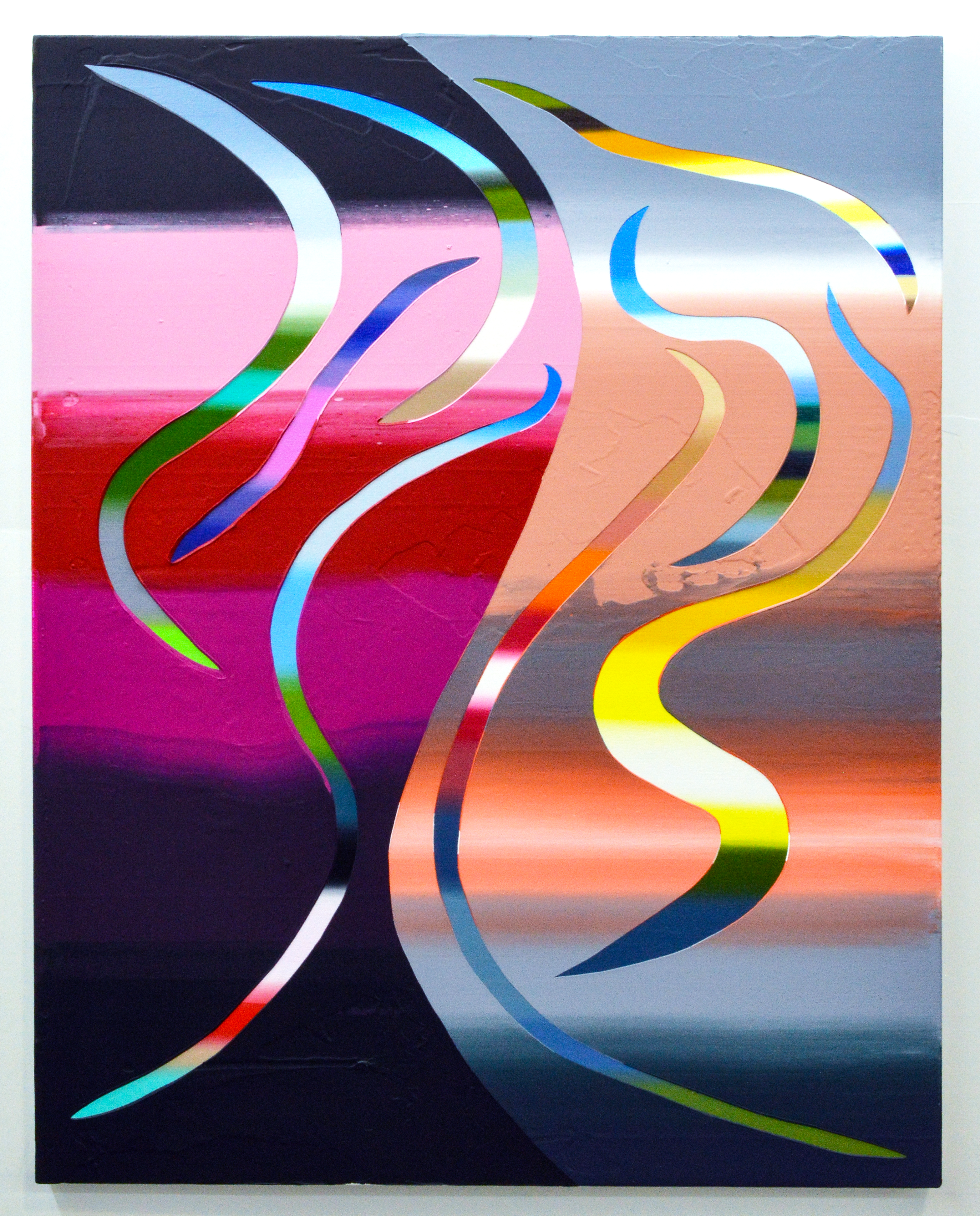 An abstract painting of gradated colors and patterns.