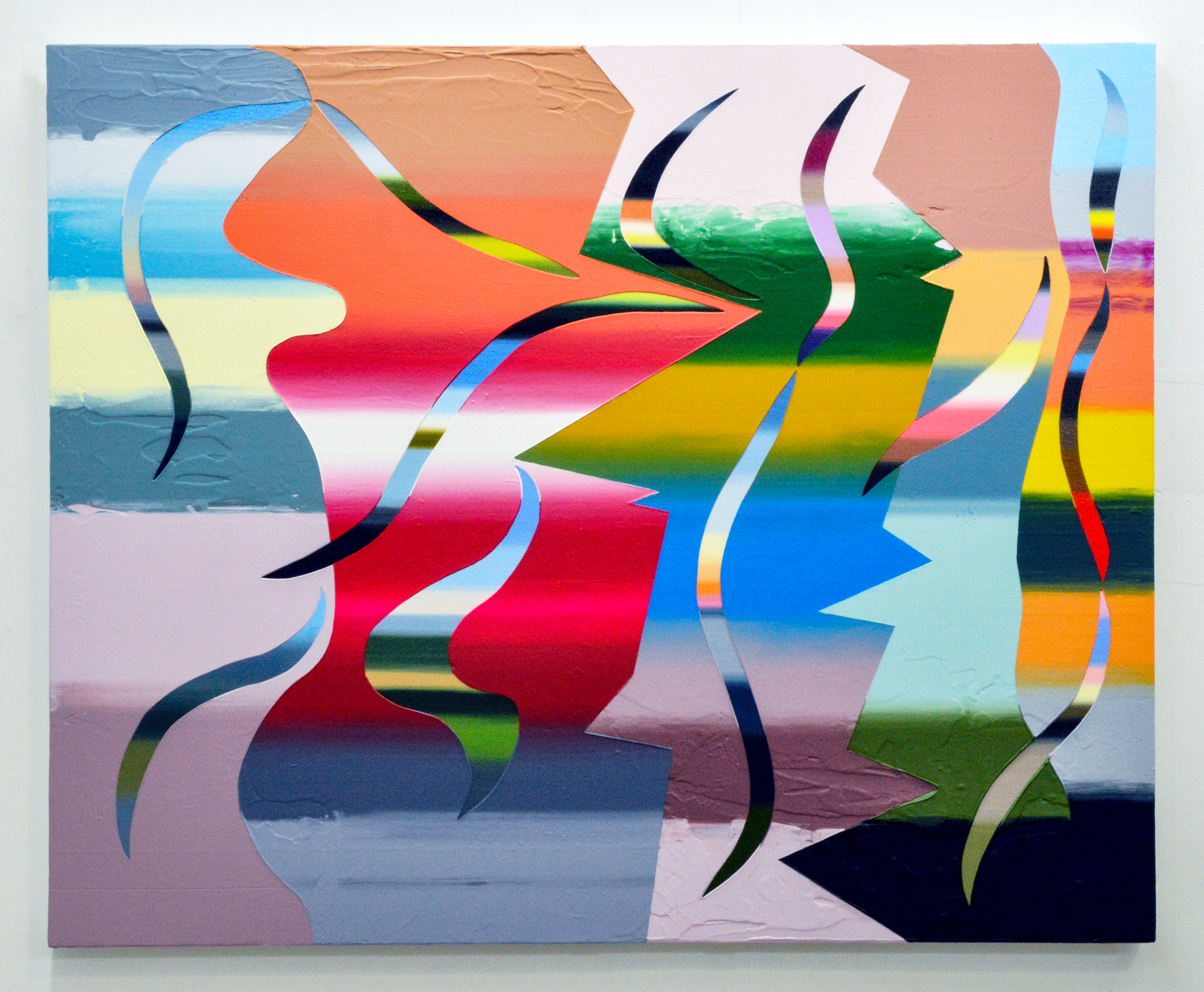 An abstract painting of gradated colors and patterns.