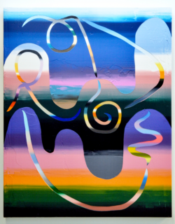 An abstract painting of gradated colors and patterns.