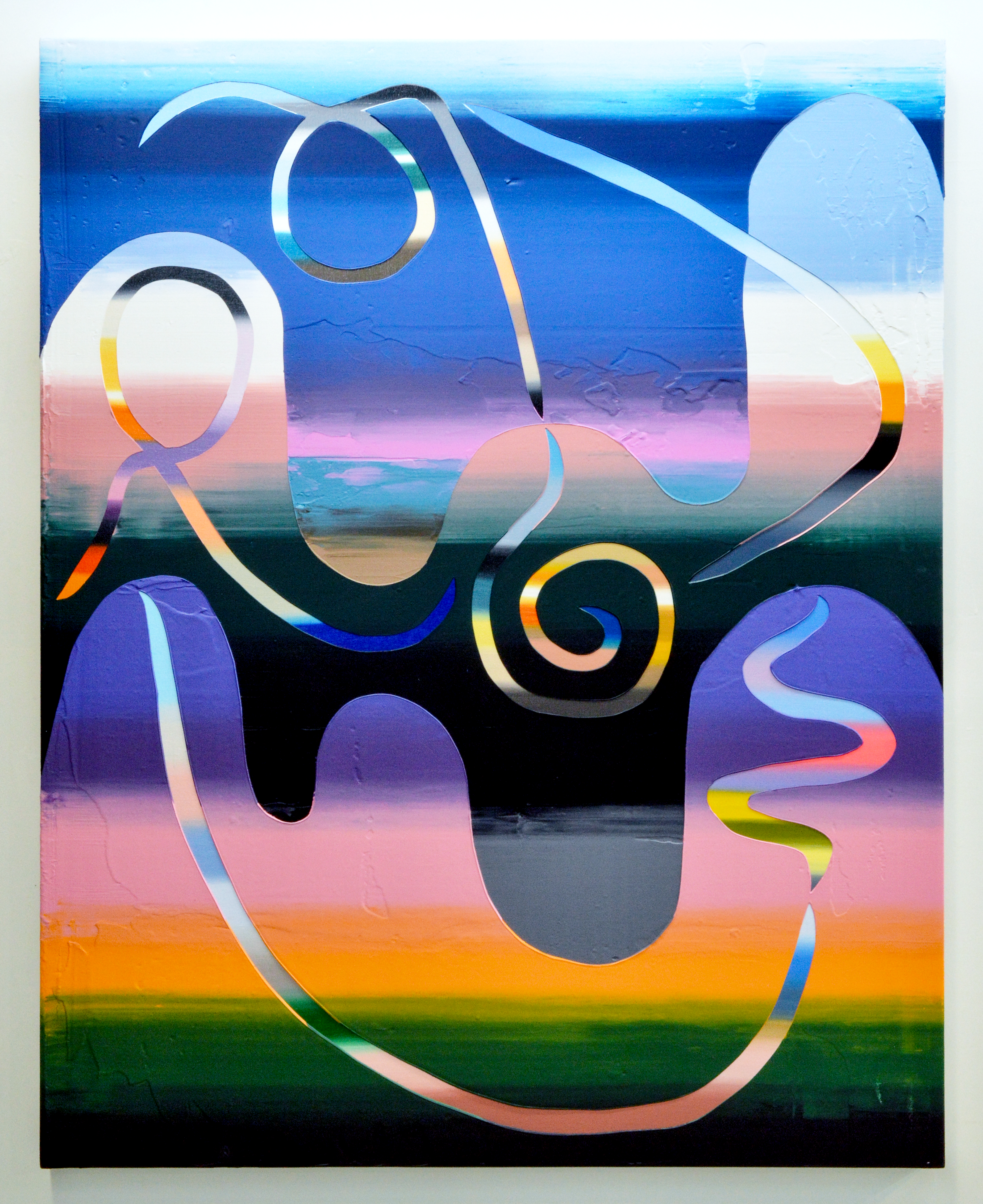 An abstract painting of gradated colors and patterns.