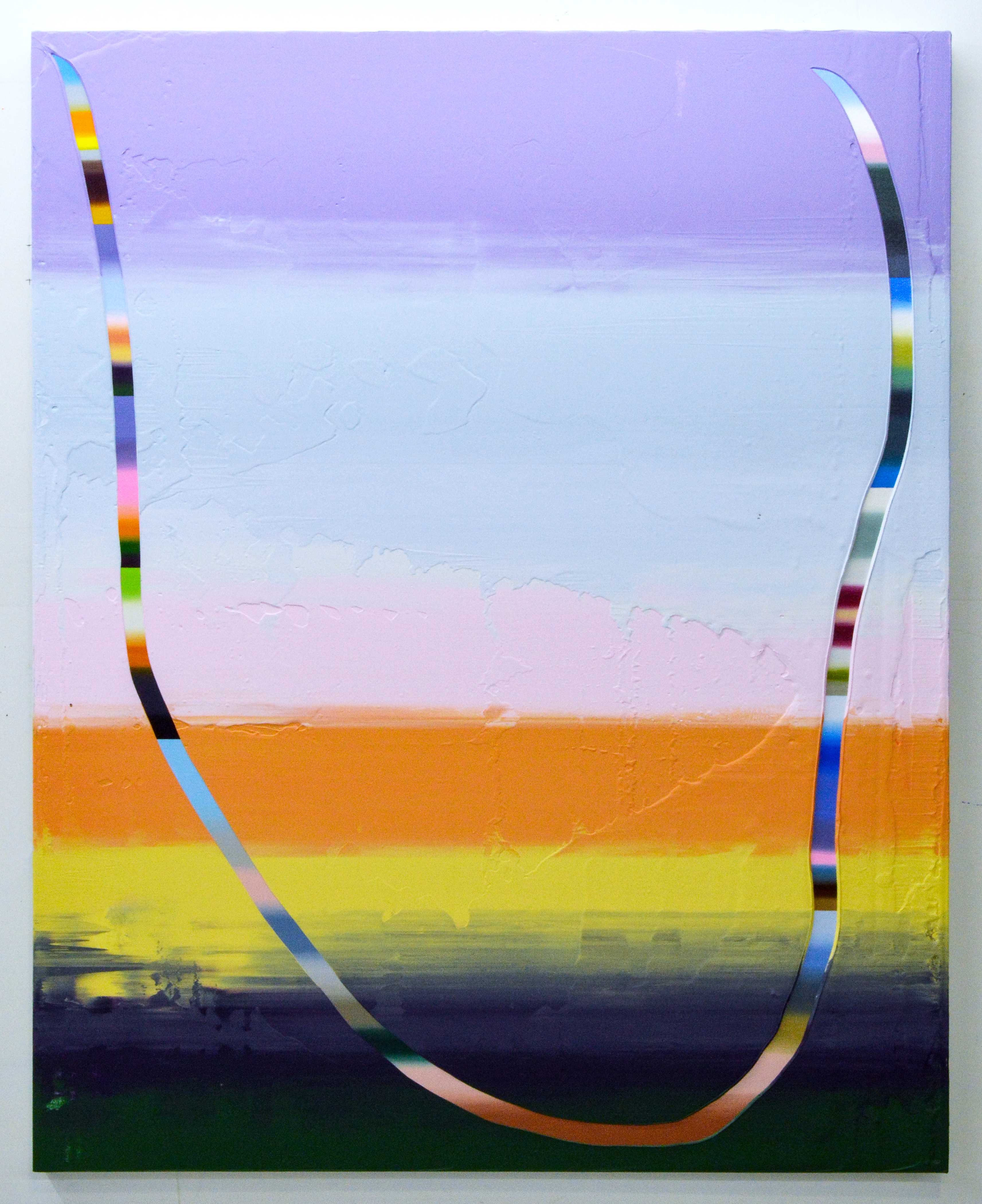An abstract painting of gradated colors and patterns.