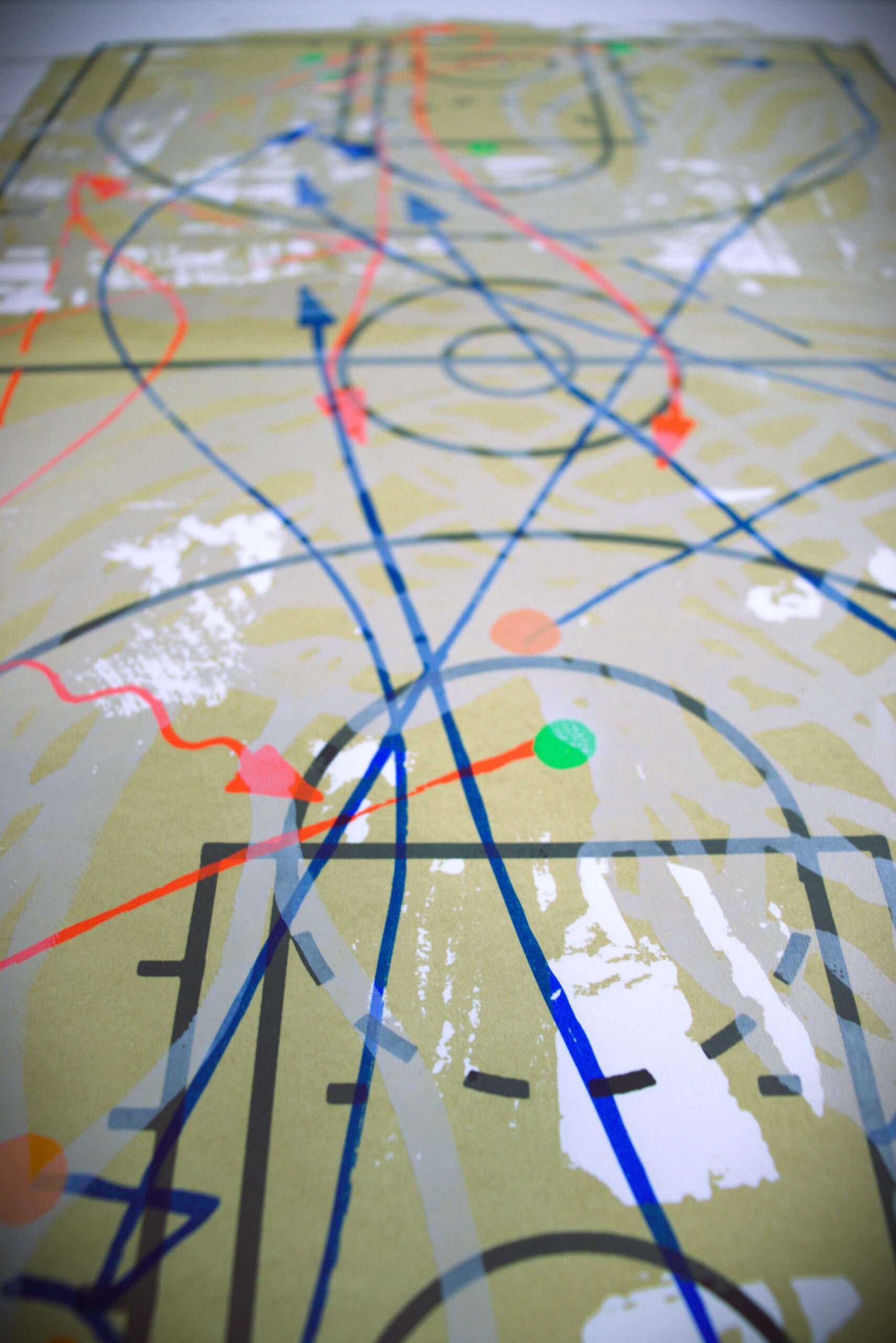 A detail of an abstract print representing a basketball court.
