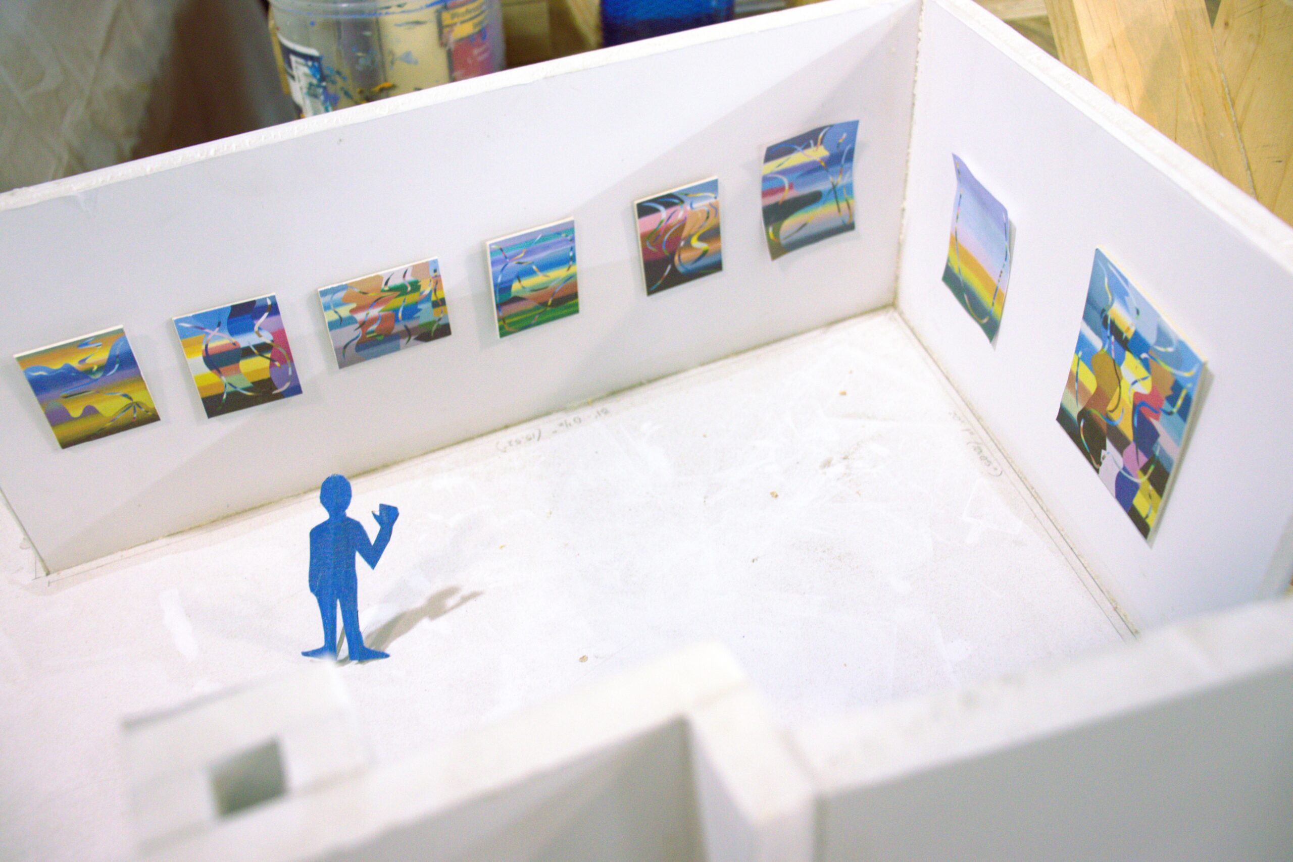A bird's eye view of a 3D gallery mockup.