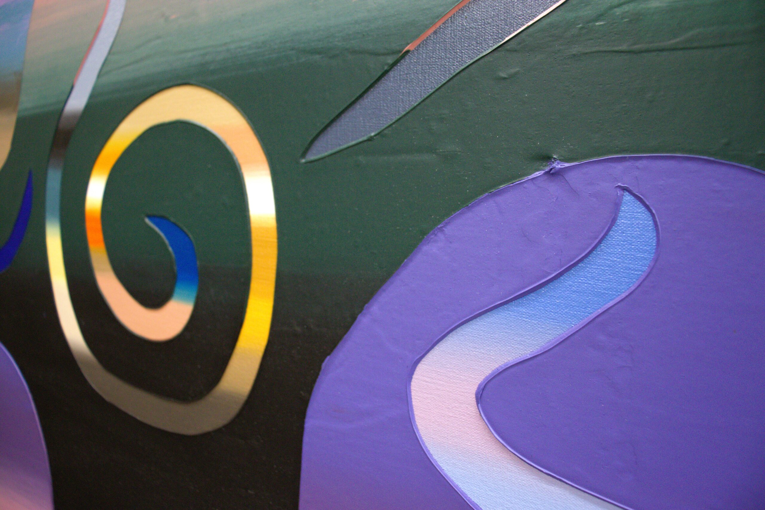 Detail image of one of Roberto Jamora's abstract paintings showing the texture of the layered acrylic paint.