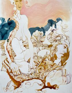 Drawing of multiple female bodies melding into each other.