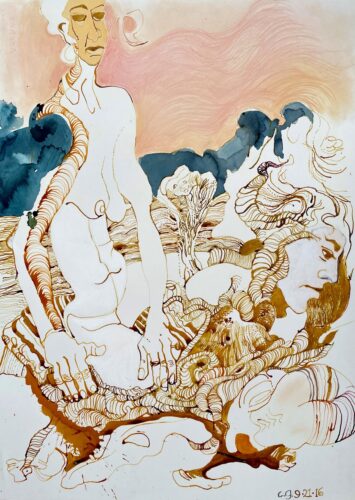 Drawing of multiple female bodies melding into each other.
