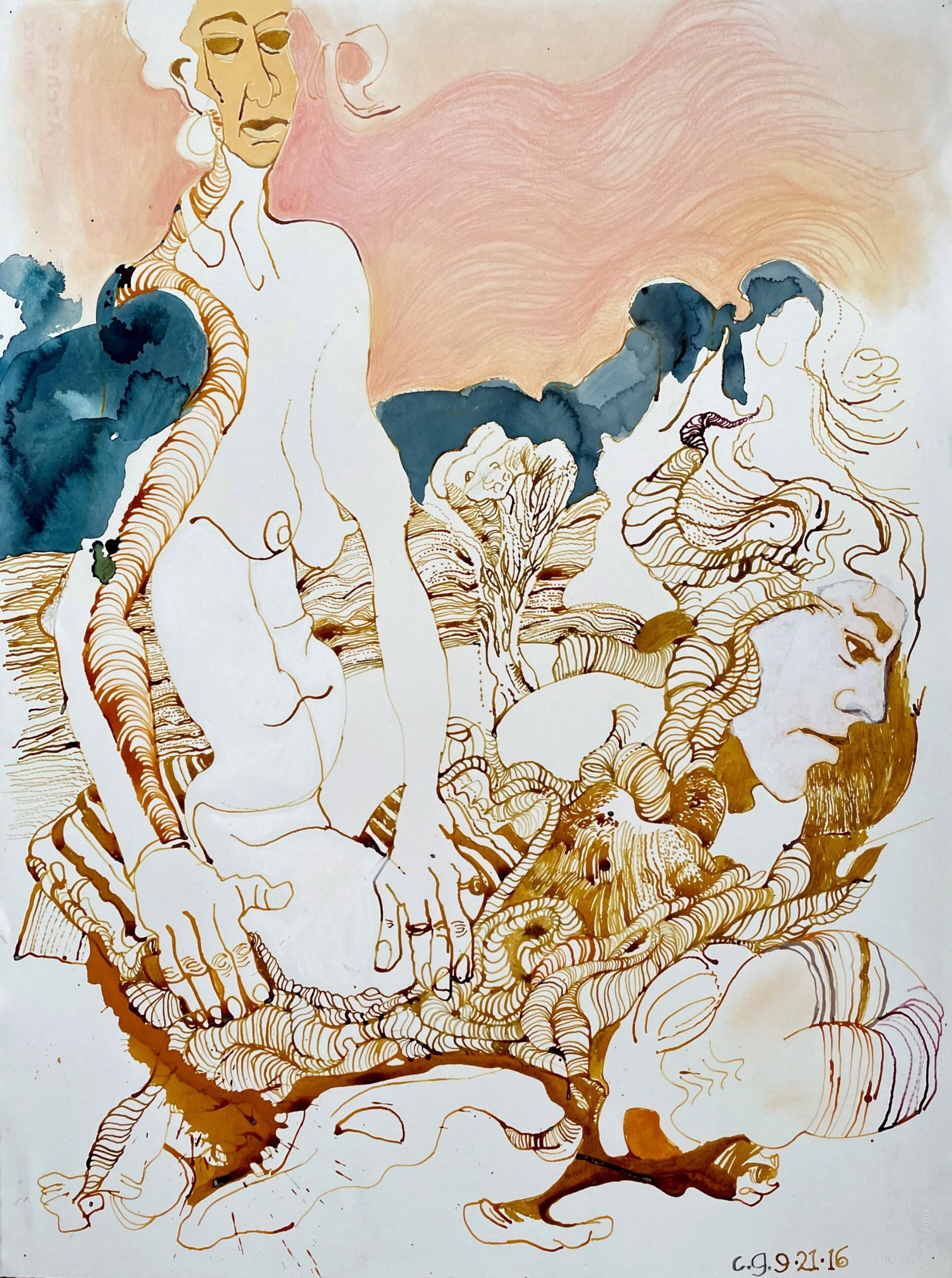 Drawing of multiple female bodies melding into each other.