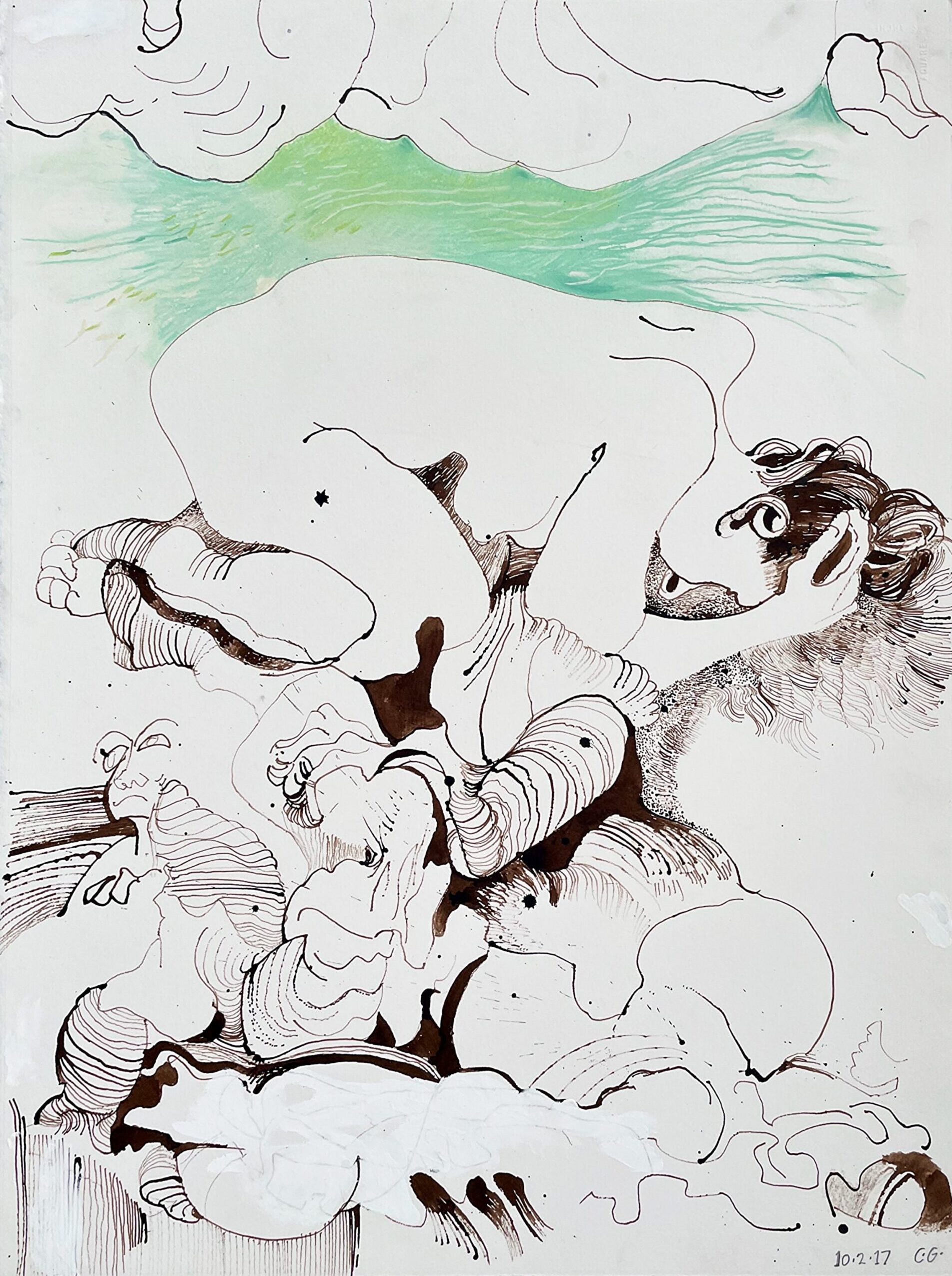 Drawing of a nude woman doubled over.