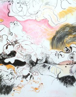 A drawing of faces and body parts melding together.