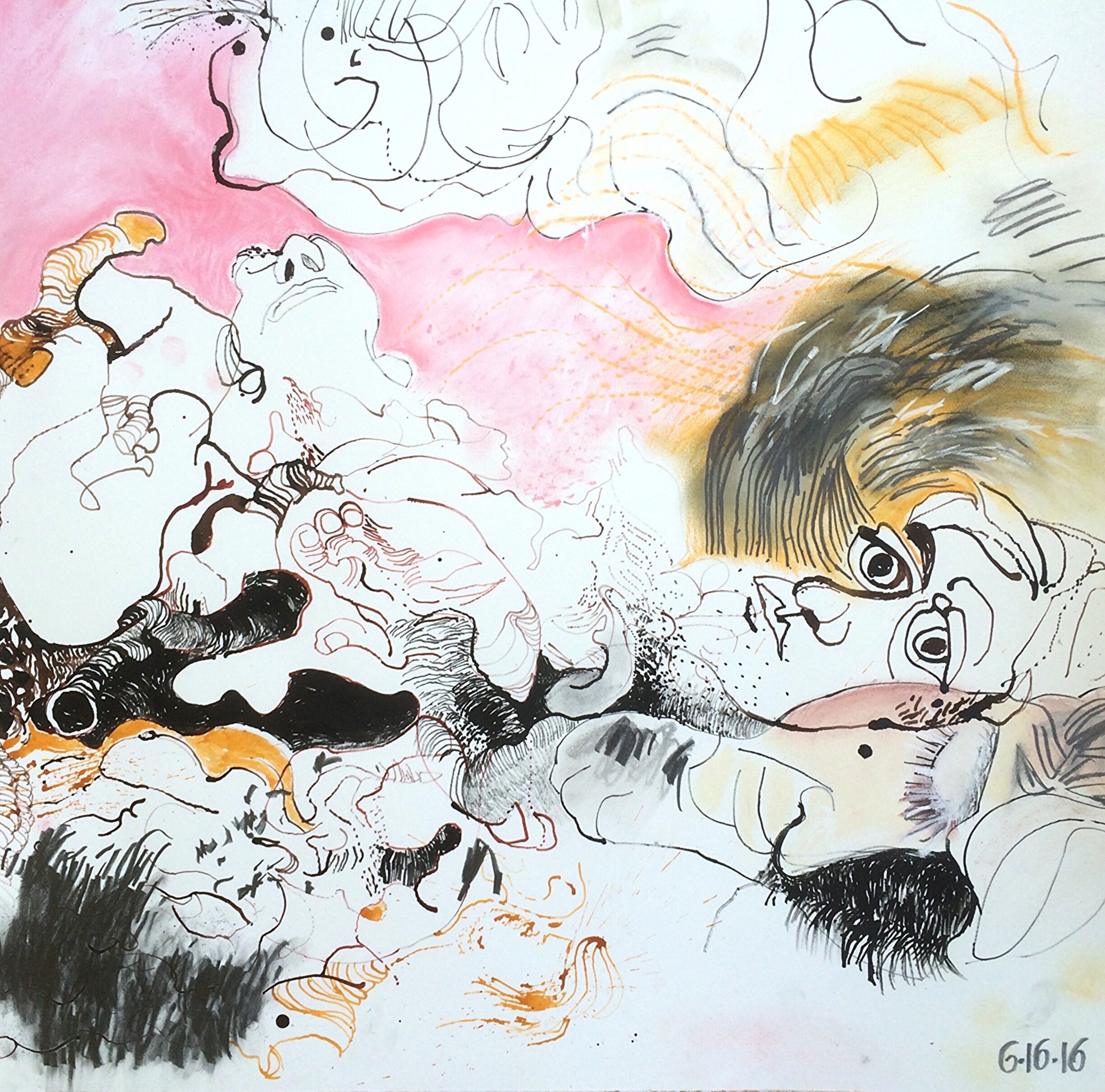 A drawing of faces and body parts melding together.
