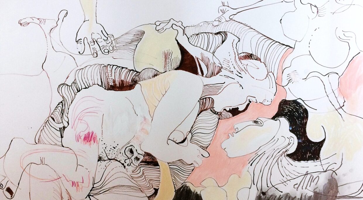 A drawing of multiple women looking over their shoulders, their bodies melding together.
