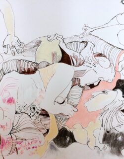 A drawing of multiple women looking over their shoulders, their bodies melding together.