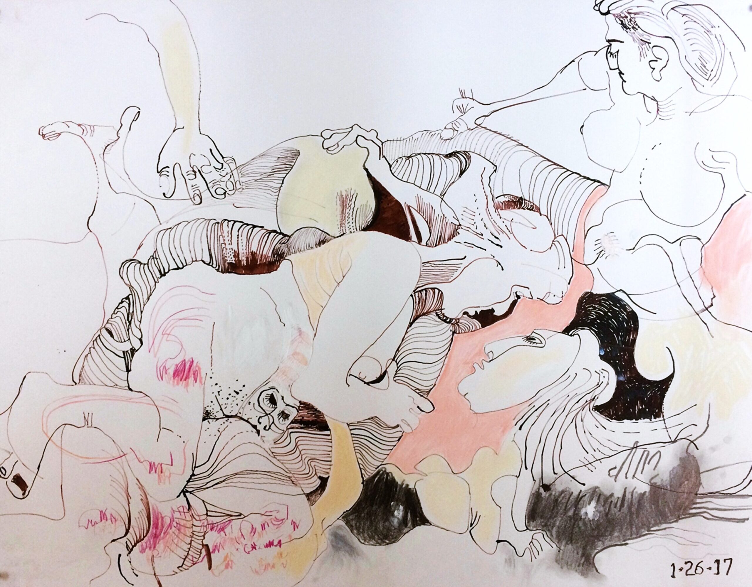 A drawing of multiple women looking over their shoulders, their bodies melding together.
