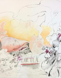 A drawing of several women's faces and body parts overlapping and melding. The handwritten words "late" and "lilac" are centered.