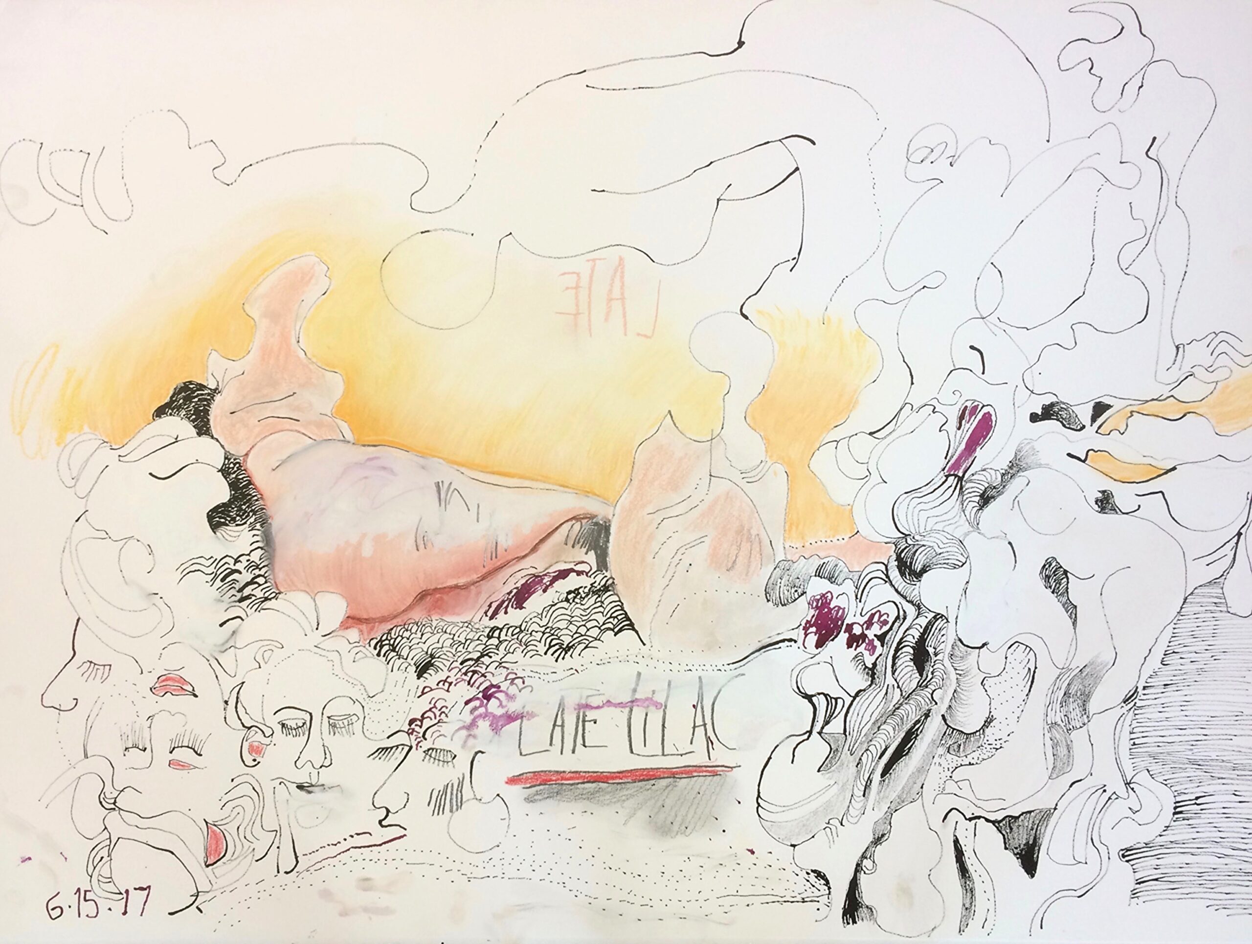 A drawing of several women's faces and body parts overlapping and melding. The handwritten words "late" and "lilac" are centered.