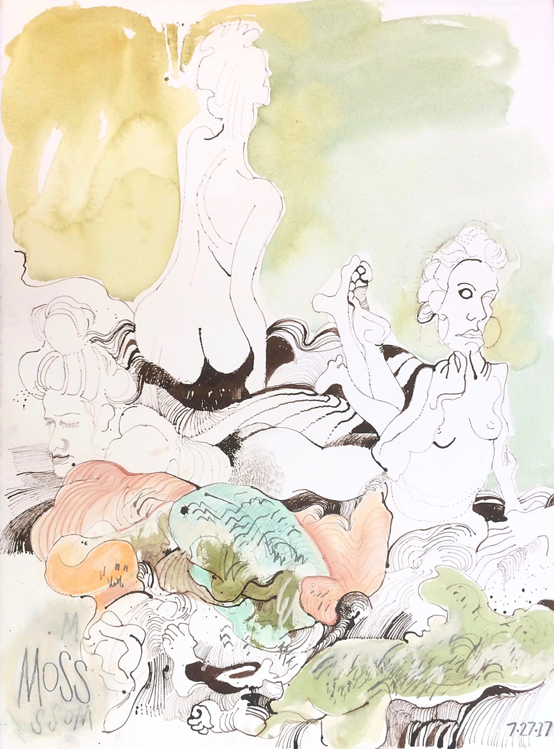 Drawing of multiple nude women, one facing the viewer, one turned away from the viewer, another lying on her stomach.