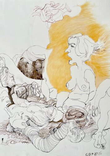 A drawing of a nude woman screaming, her body melding into the body parts of other women.