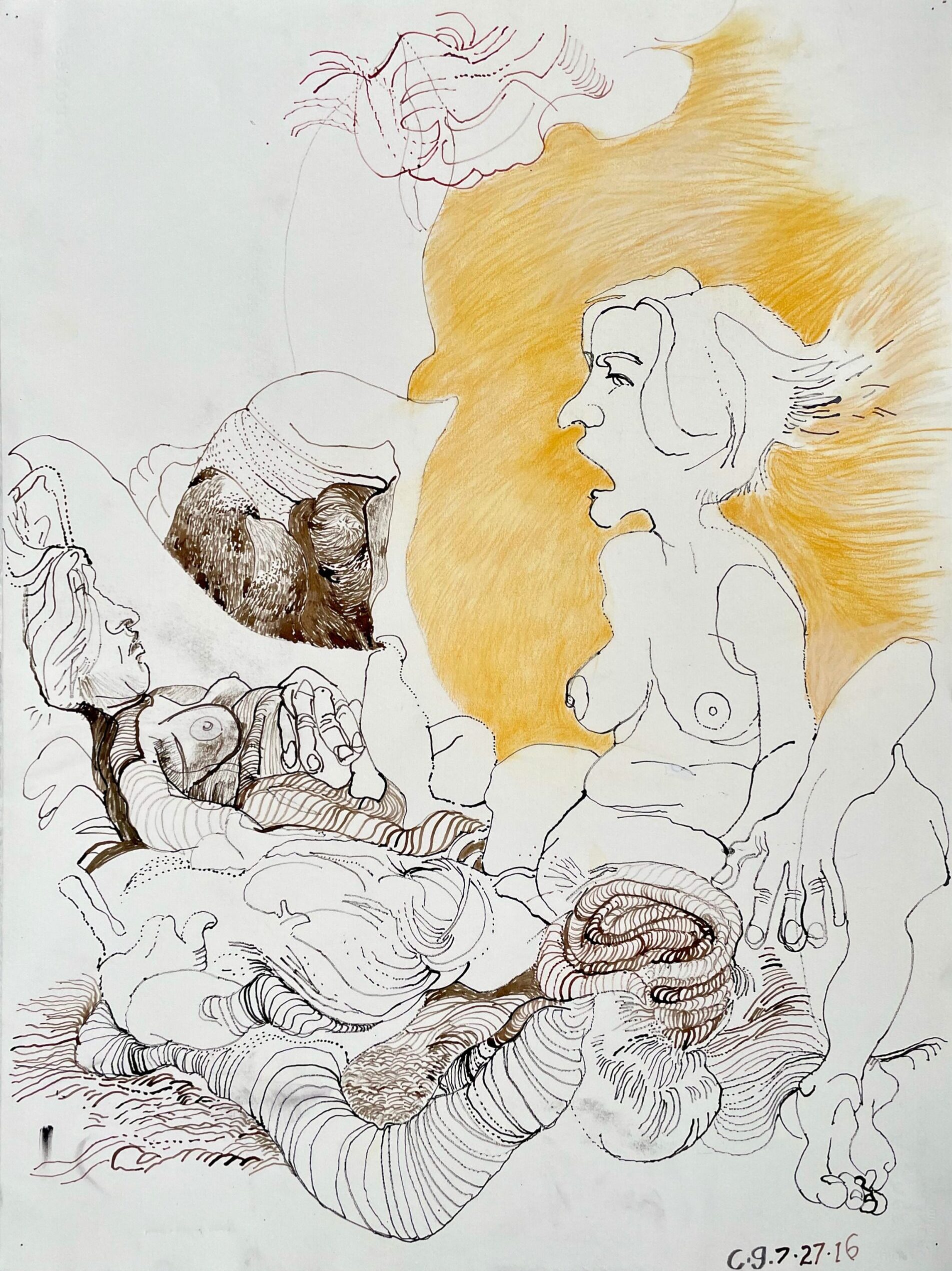 A drawing of a nude woman screaming, her body melding into the body parts of other women.