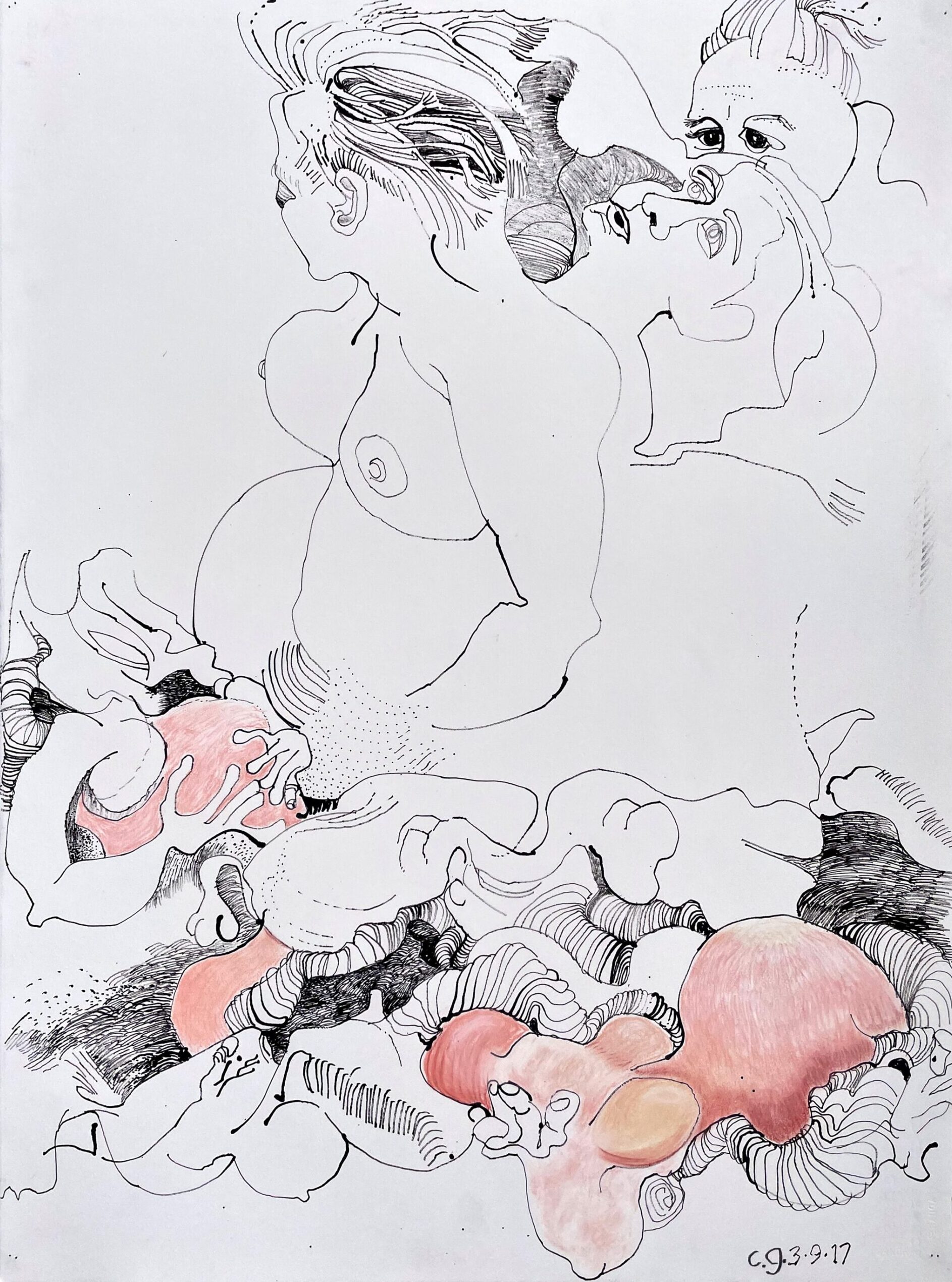 Images of female bodies holding their bellies, melding together.