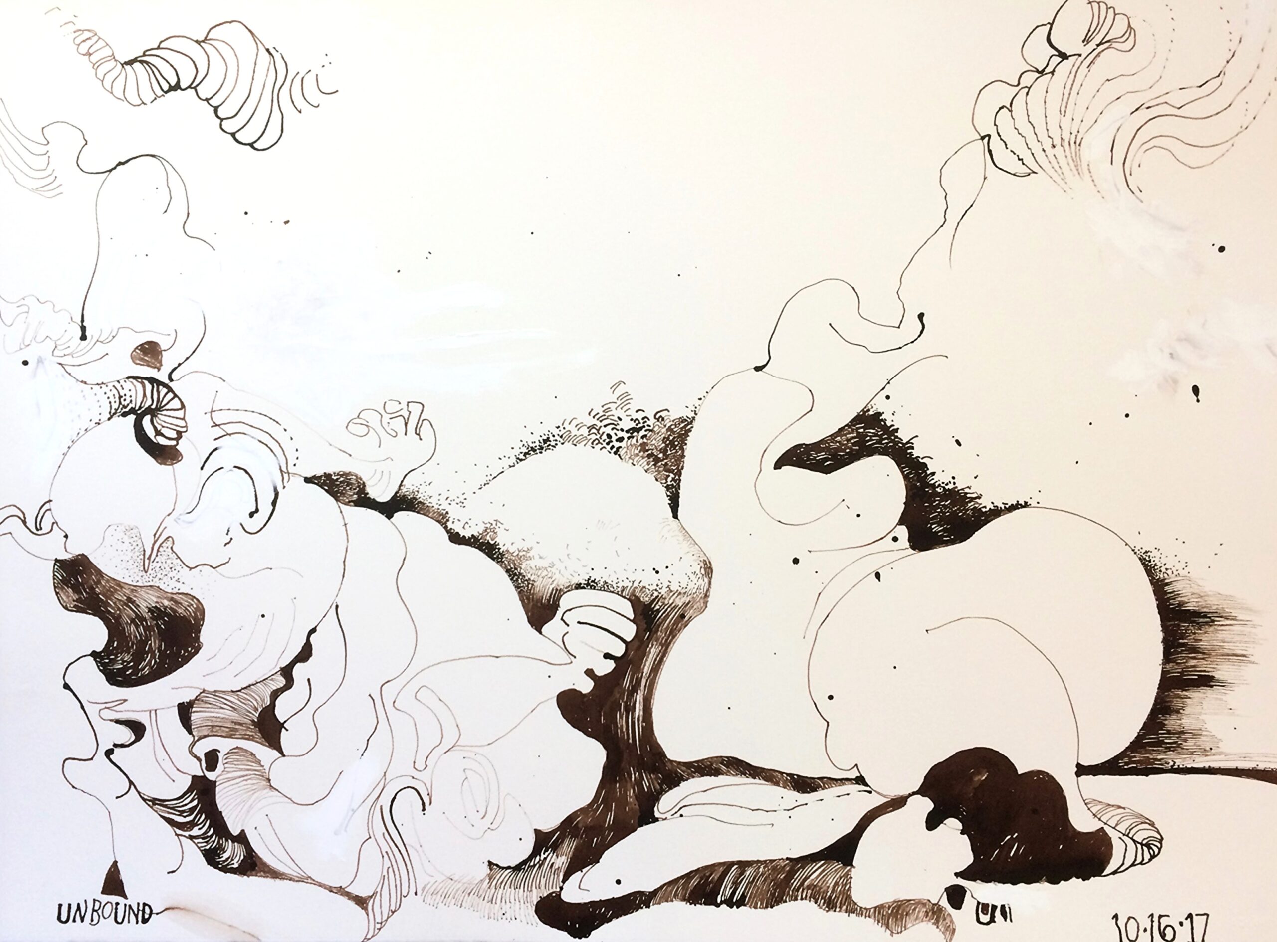 A drawing of various body parts melting into each other.
