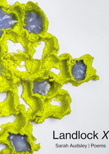 Cover of Landlock X, which is a white background with a yellow-green clay-like substance, covering the left hand side, pressed into divots. A few divots contain material similar to hot glue.