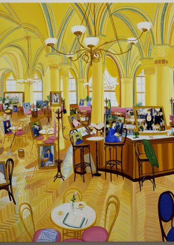 Bright, warm yellow painting of a grand ballroom, supported by Greek classic pillars and filigreed chandeliers suspended by the high, domed ceilings. The hardwood floor is filled with an array of tea tables, garden chairs, and sofas, and adorned by a collection of classic, framed paintings within the painting.
