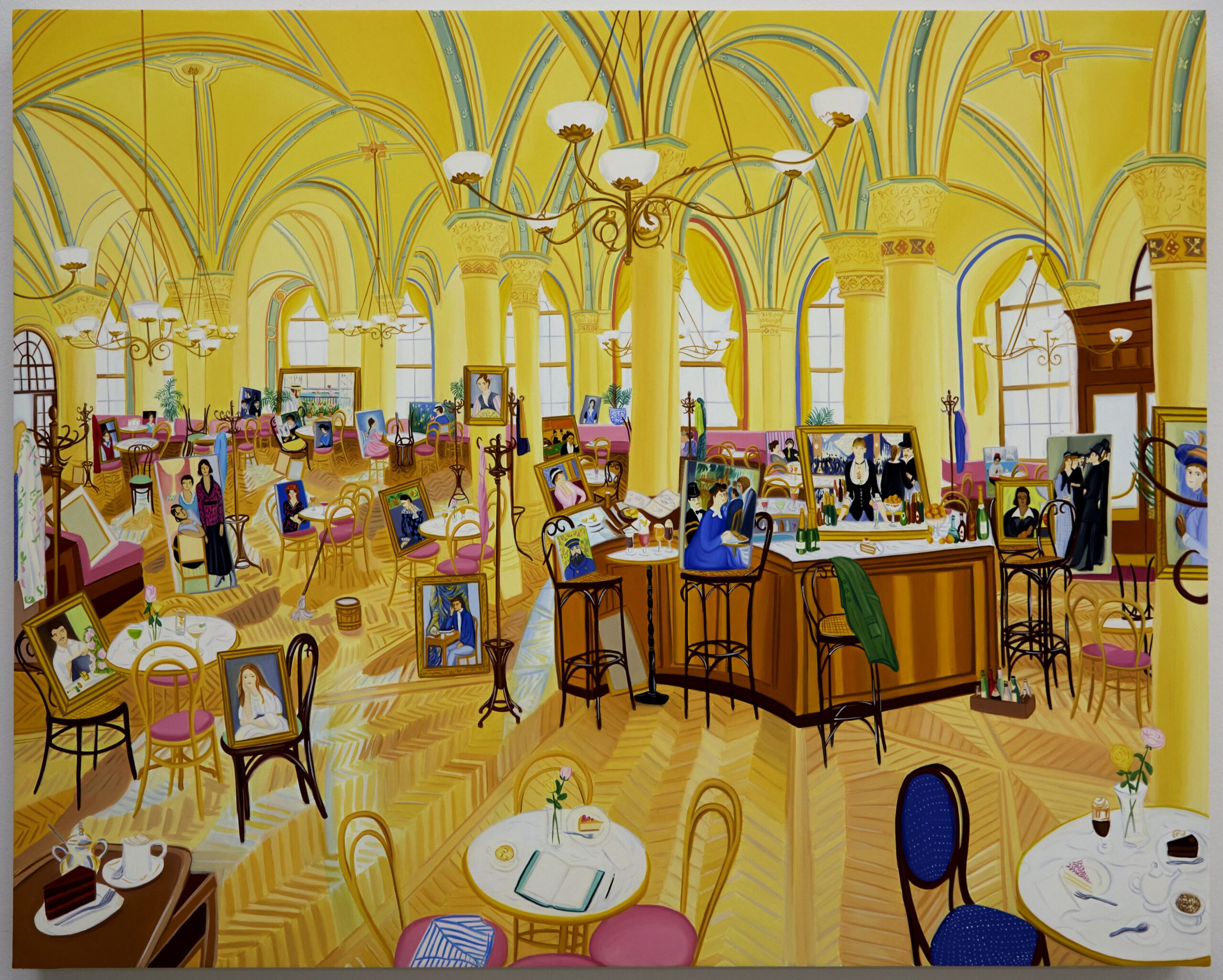 Bright, warm yellow painting of a grand ballroom, supported by Greek classic pillars and filigreed chandeliers suspended by the high, domed ceilings. The hardwood floor is filled with an array of tea tables, garden chairs, and sofas, and adorned by a collection of classic, framed paintings within the painting.