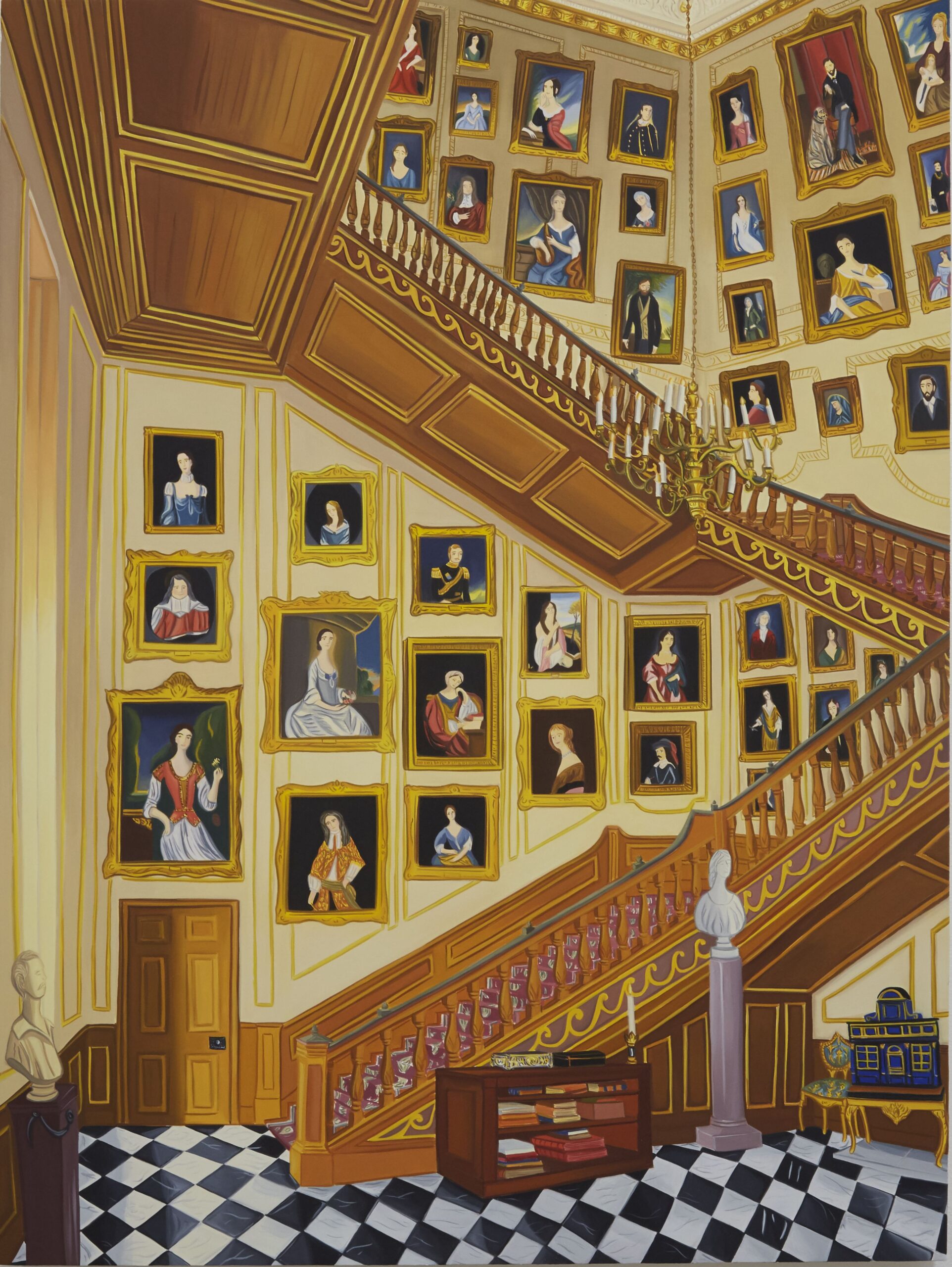 A painting of an ascending flight of wooden stairs, lined by a floral-patterned brick-red carpet, against a tall, warm cream wall that features gold-lined panels. The high-climbing walls sport a plethora of gold-framed classical portraits. The painted floor features a waxed black-and-white checkerboard design, with marble busts atop stone pillars, a short horizontal bookshelf, and a small blue dollhouse.