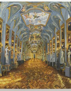 Painting of an imagined version of the Doria Pamphilj, an ornamental slate blue hallway lined with several Grecian marble statues, gold-framed classical paintings, and capped by a painted, Sistine-Like ceiling. In the center, a floral candle chandelier hangs, illuminating the space, paired with sunlight streaming through the painted windows on either side of the deep hallway, casting warm light and shadow along the painted, patterned, hardwood floors.
