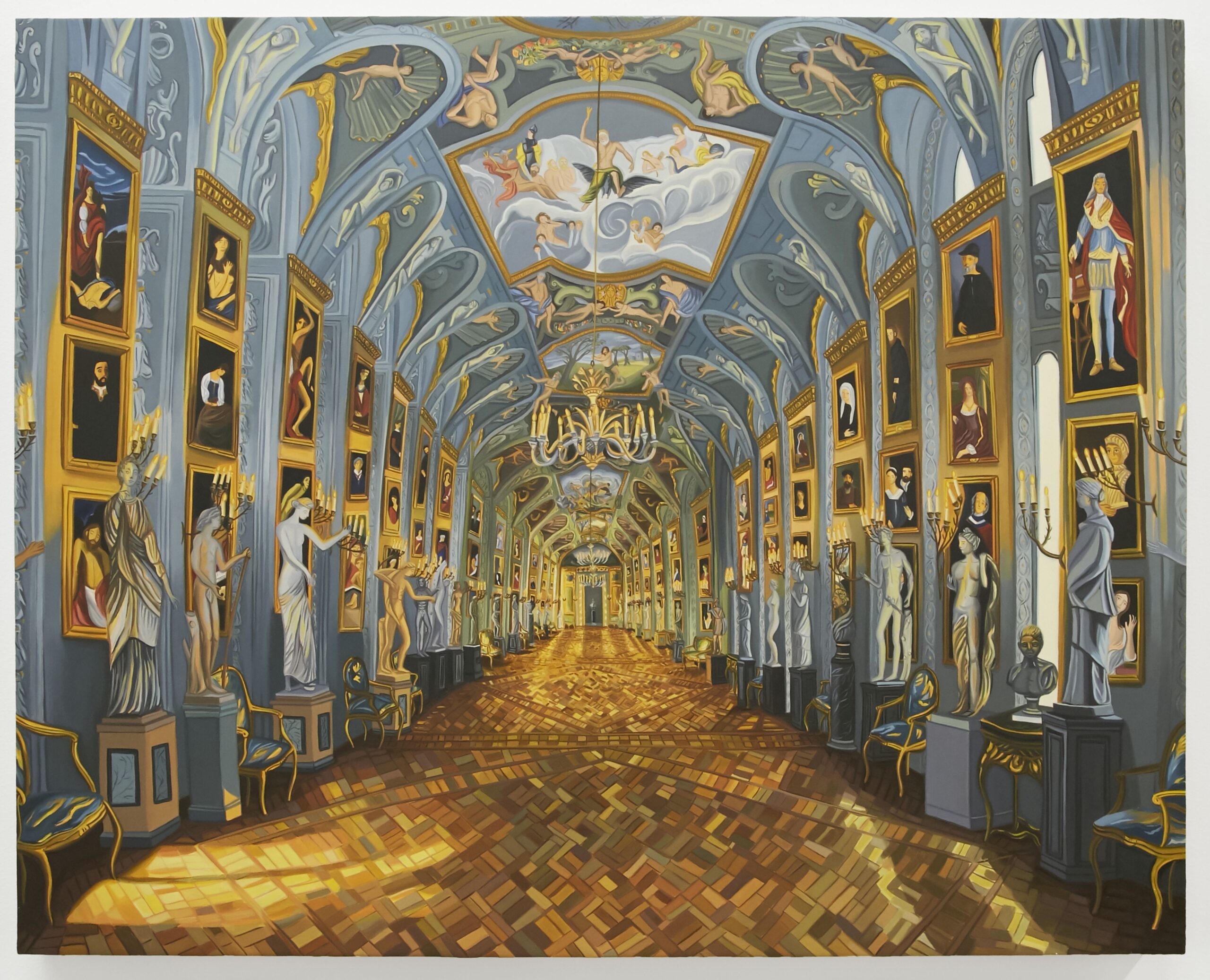Painting of an imagined version of the Doria Pamphilj, an ornamental slate blue hallway lined with several Grecian marble statues, gold-framed classical paintings, and capped by a painted, Sistine-Like ceiling. In the center, a floral candle chandelier hangs, illuminating the space, paired with sunlight streaming through the painted windows on either side of the deep hallway, casting warm light and shadow along the painted, patterned, hardwood floors.