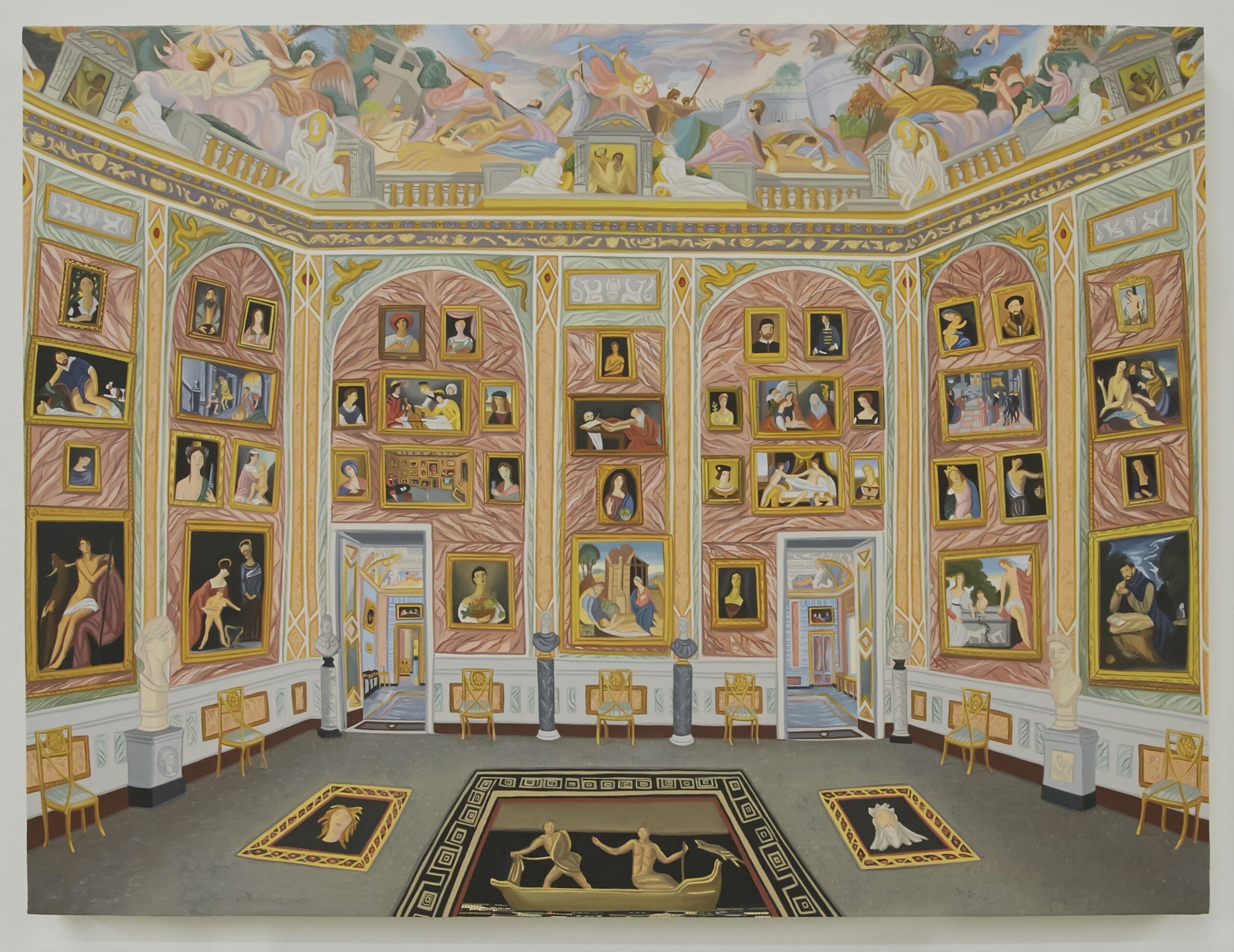 Painting of the Galleria Borghese: cool salmon and seafoam marble walls hold gold-framed paintings in a tall-ceilinged space, sandwiched by a concrete floor that is decorated with images of Medusa and other Greco-Roman iconography. The room is framed by golden chairs and stone busts upon pillars.