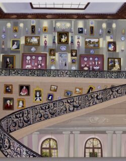 A predominantly mauve, cool-toned painting of an imagined version of the second floor of the Frick. Painted iron filigree separates the painting through the middle, a railing to the staircase between the two floors. Each level of the painting -- second floor, landing, and upper ceiling of the first floor -- holds a different texture on the wall. From top to bottom: gray wallpaper, cool-tan brick, carved plaster supported by beams, and lined with tall windows. Each wall also features an array of paintings within the painting, slightly askew and framed with asymmetrical, non-identical frames.