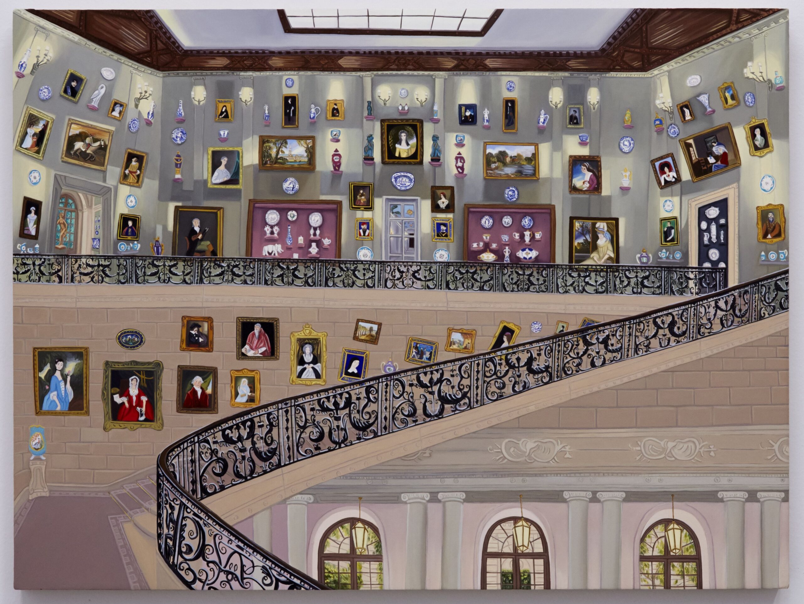 A predominantly mauve, cool-toned painting of an imagined version of the second floor of the Frick. Painted iron filigree separates the painting through the middle, a railing to the staircase between the two floors. Each level of the painting -- second floor, landing, and upper ceiling of the first floor -- holds a different texture on the wall. From top to bottom: gray wallpaper, cool-tan brick, carved plaster supported by beams, and lined with tall windows. Each wall also features an array of paintings within the painting, slightly askew and framed with asymmetrical, non-identical frames.
