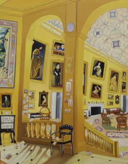 Painting of a bright, butter-yellow imagining of the Kingston Lacy Saloon. The painting of the saloon has expansive ceilings, and two rooms separated by a small set of stairs, inviting viewers from left to right: full bookcase, cluttered desk, paintings and collections of knick-knacks lining shelves, small papers and notes scattered across the walls, a dining space with a floral carpet beneath an ornate table and chairs, tall open windows with brick-red and floor length curtains, and a porcelain-like domed ceiling.