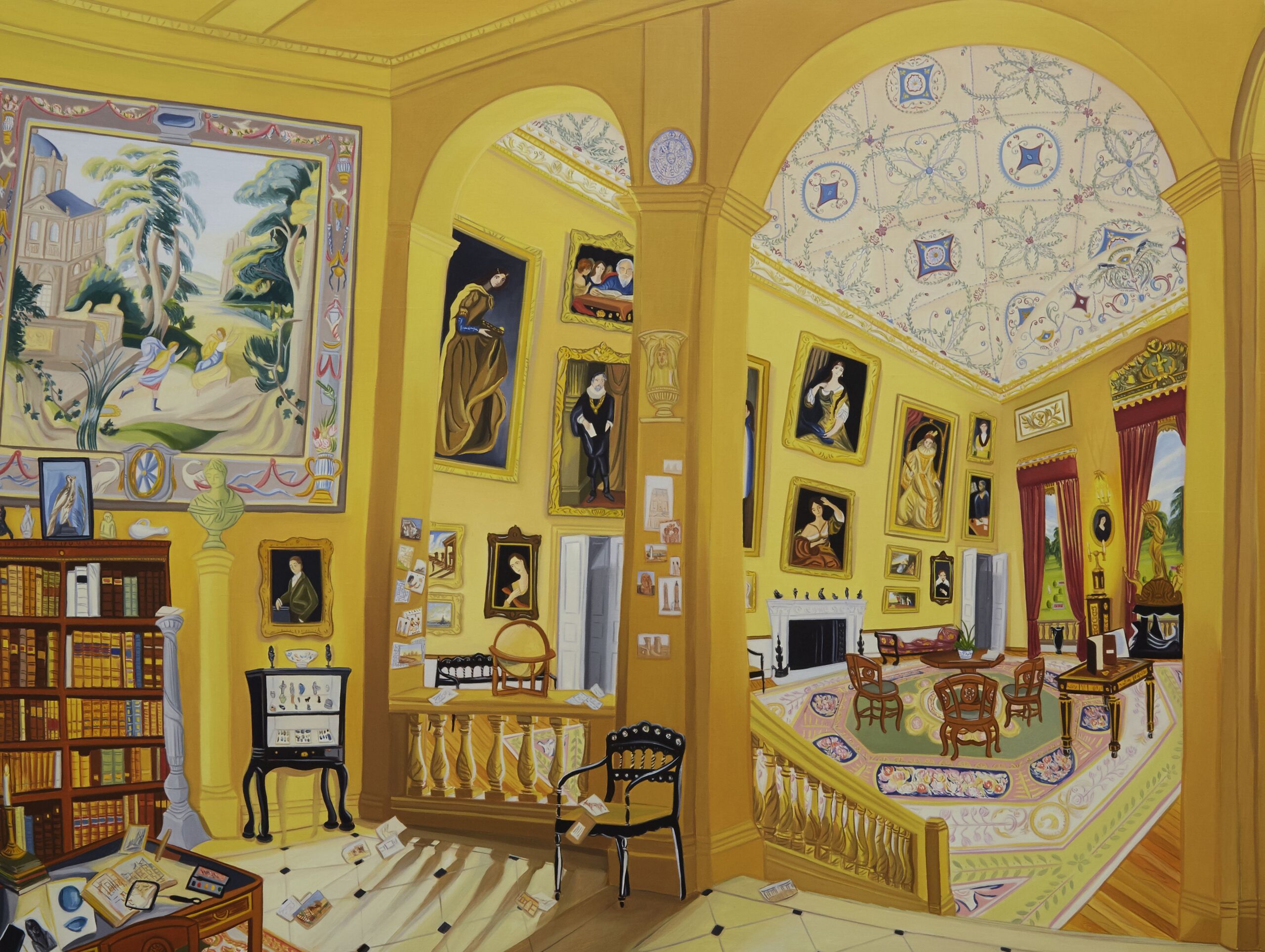 Painting of a bright, butter-yellow imagining of the Kingston Lacy Saloon. The painting of the saloon has expansive ceilings, and two rooms separated by a small set of stairs, inviting viewers from left to right: full bookcase, cluttered desk, paintings and collections of knick-knacks lining shelves, small papers and notes scattered across the walls, a dining space with a floral carpet beneath an ornate table and chairs, tall open windows with brick-red and floor length curtains, and a porcelain-like domed ceiling.