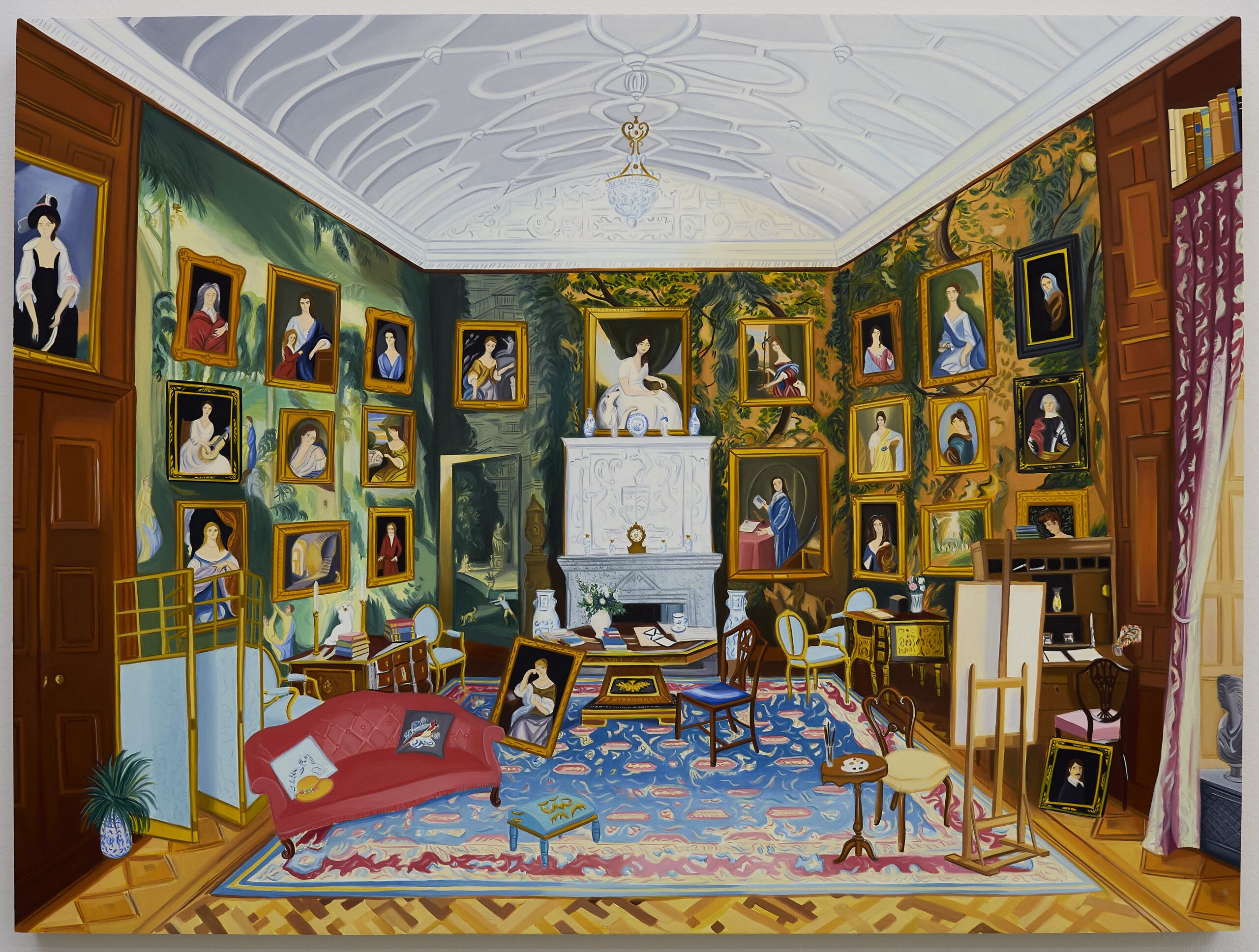Painting of room in Lanhydrock House featuring a couch, multiple chairs, and many hung portraits