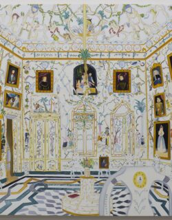 Painting of room in Palace of Aranjuez featuring intricate botanical filigree and formal portraits hung in gold frames