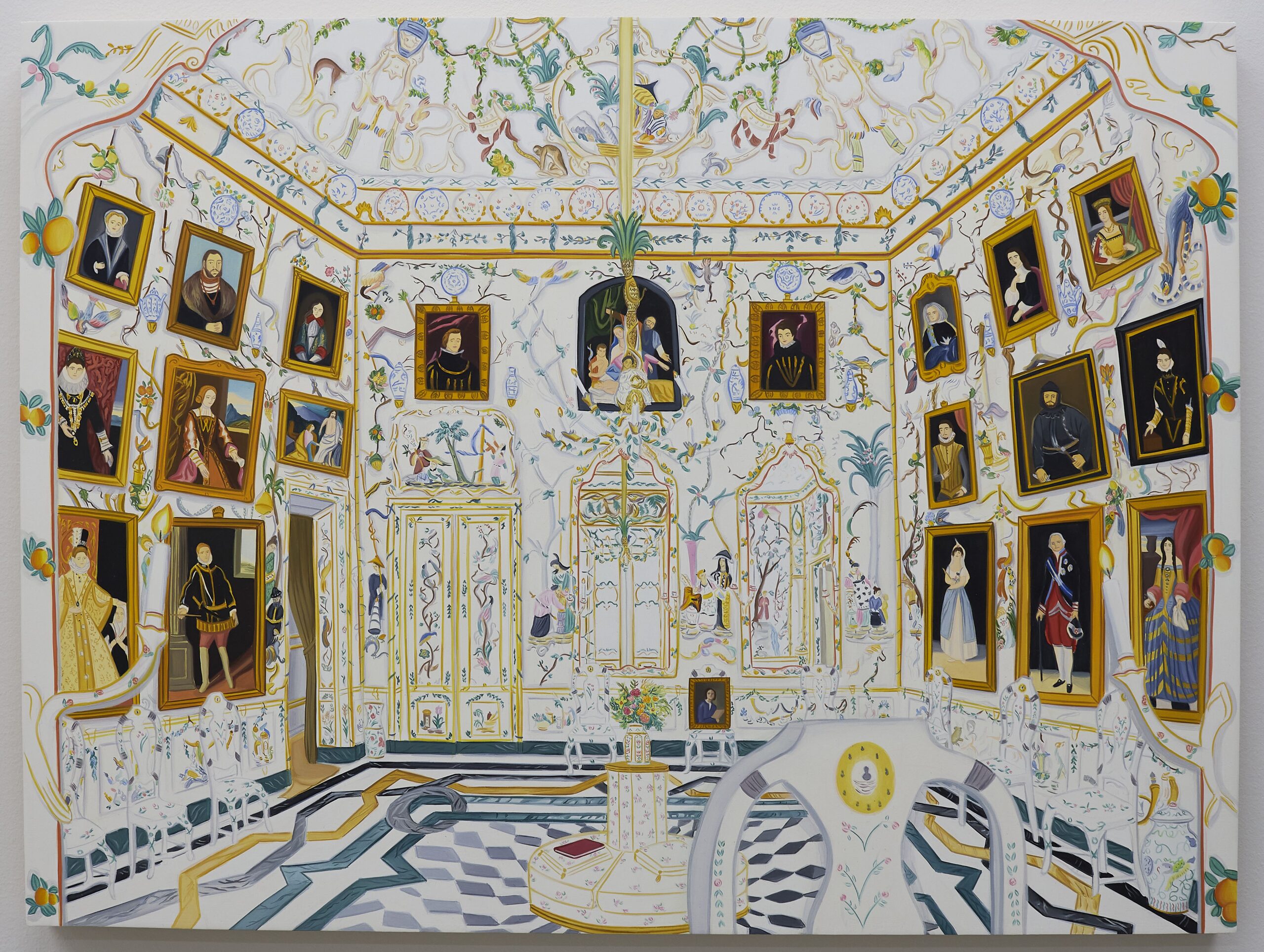 Painting of room in Palace of Aranjuez featuring intricate botanical filigree and formal portraits hung in gold frames
