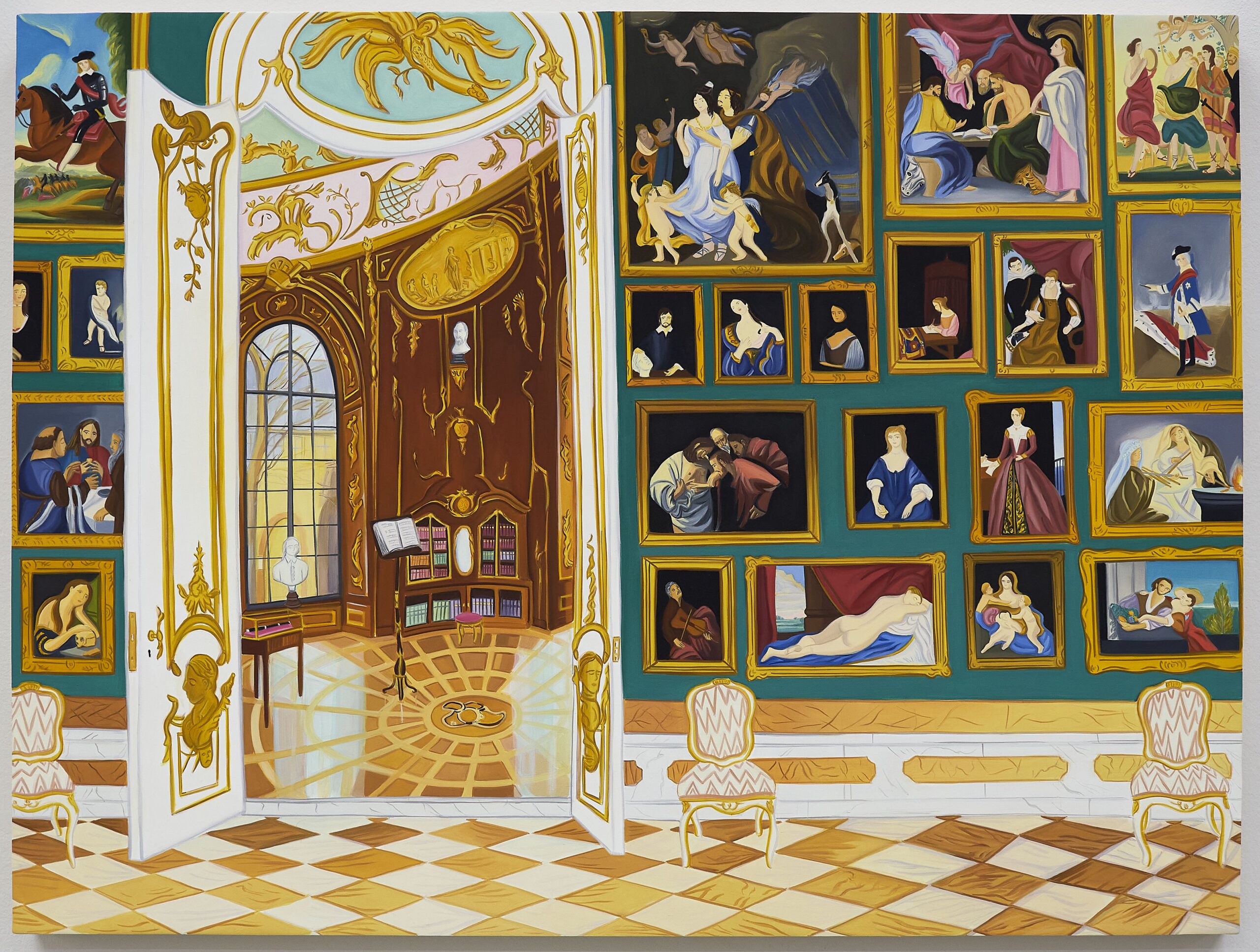 Painting of an imagined version of library and gallery in Sanssouci Palace, showing wall with many paintings and double doors open to another room with ornate ceiling and wall decorations