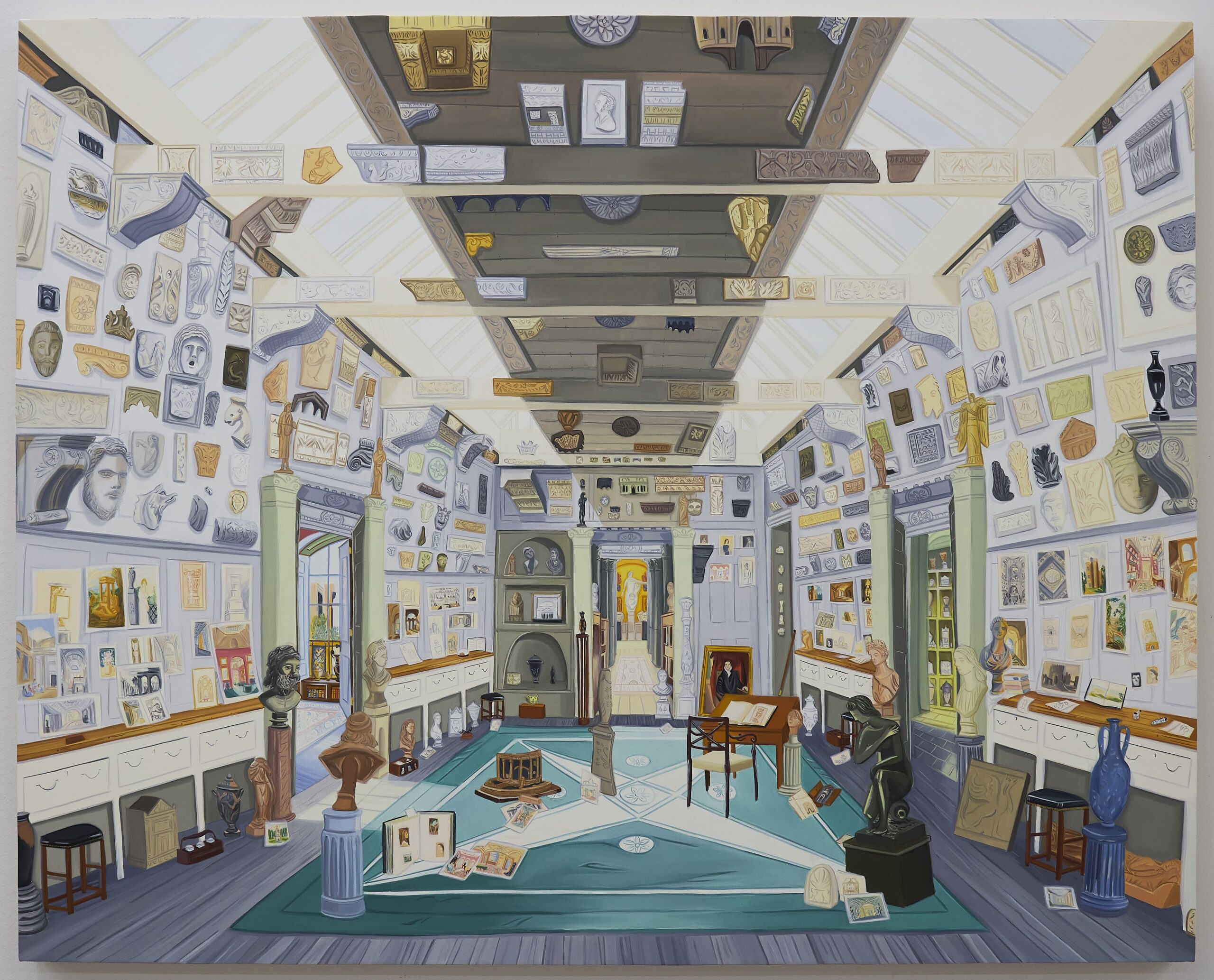 Painting of an imagined version of drawing office in Sir John Soan's Museum, including multiple ceramic busts, a vase, a desk, and scattered drawings
