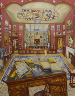 Painting of an imagined version of library and dining room in Sir John Soane's Museum, including a desk with open books and art prints on it, bookshelves, various sculptures and vases, and framed paintings on walls