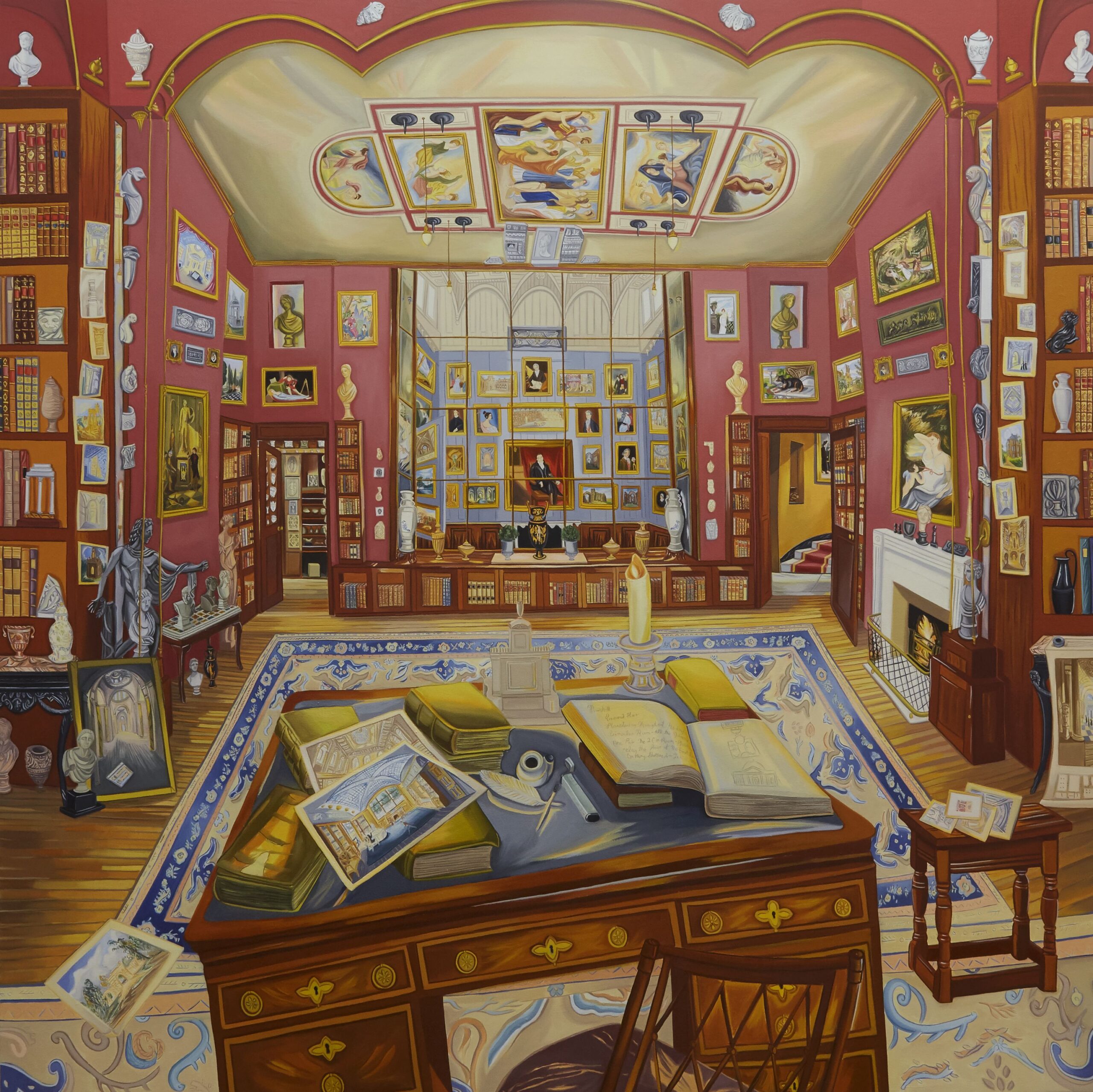 Painting of an imagined version of library and dining room in Sir John Soane's Museum, including a desk with open books and art prints on it, bookshelves, various sculptures and vases, and framed paintings on walls