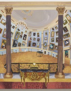 Painting of an imagined version of British art museum The Wallace Collection, showing two columns and a gallery wall of framed paintings. Off to the right, the viewer can see the artist's own small version of Fragonard's famous Rocco painting "The Swing."