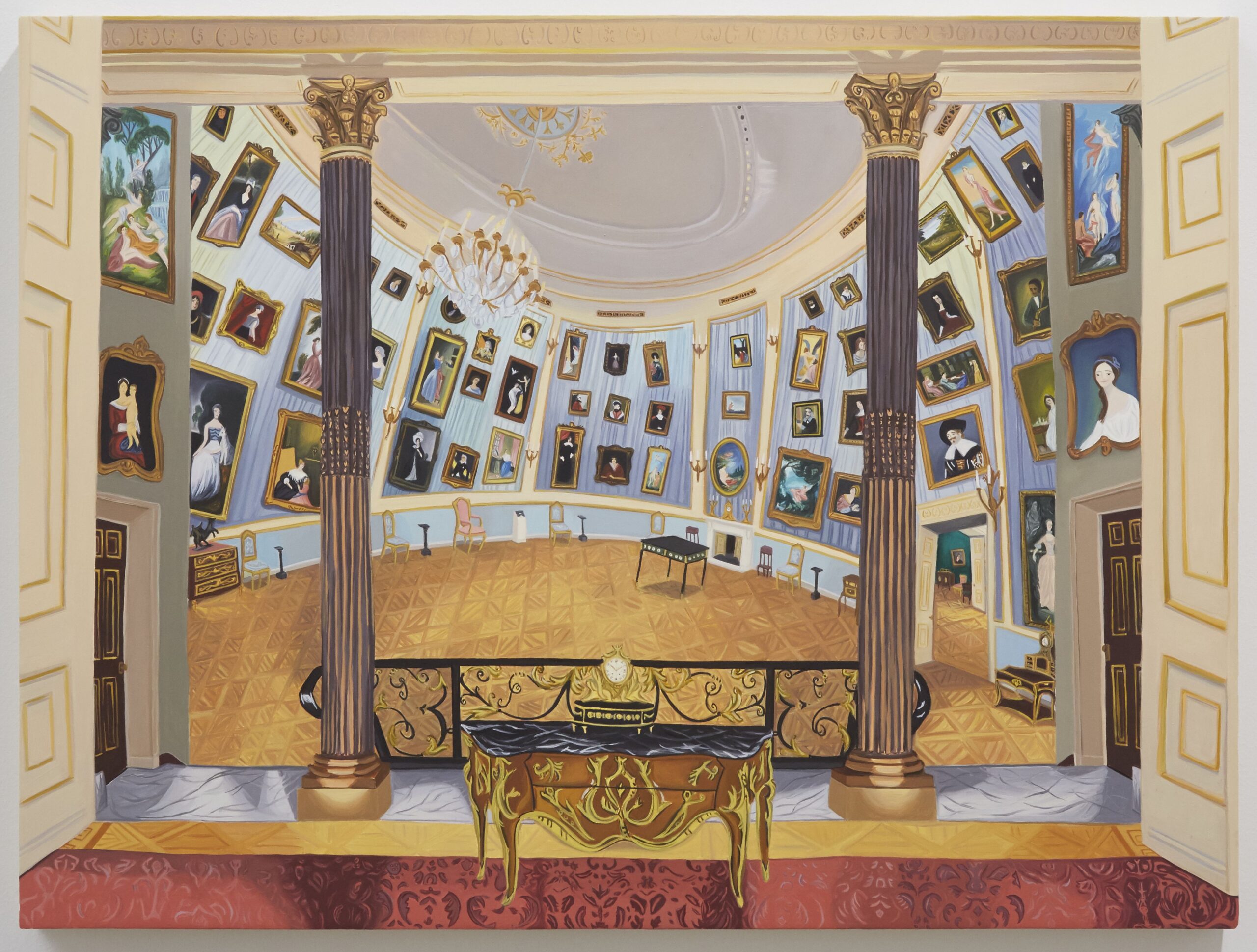 Painting of an imagined version of British art museum The Wallace Collection, showing two columns and a gallery wall of framed paintings. Off to the right, the viewer can see the artist's own small version of Fragonard's famous Rocco painting "The Swing."