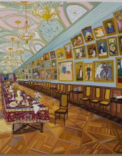 Painting of an imagined version of Trubetskoy Palace's Dining Room in 1914, including a long, set table with one empty chair next to it and a wall of framed paintings