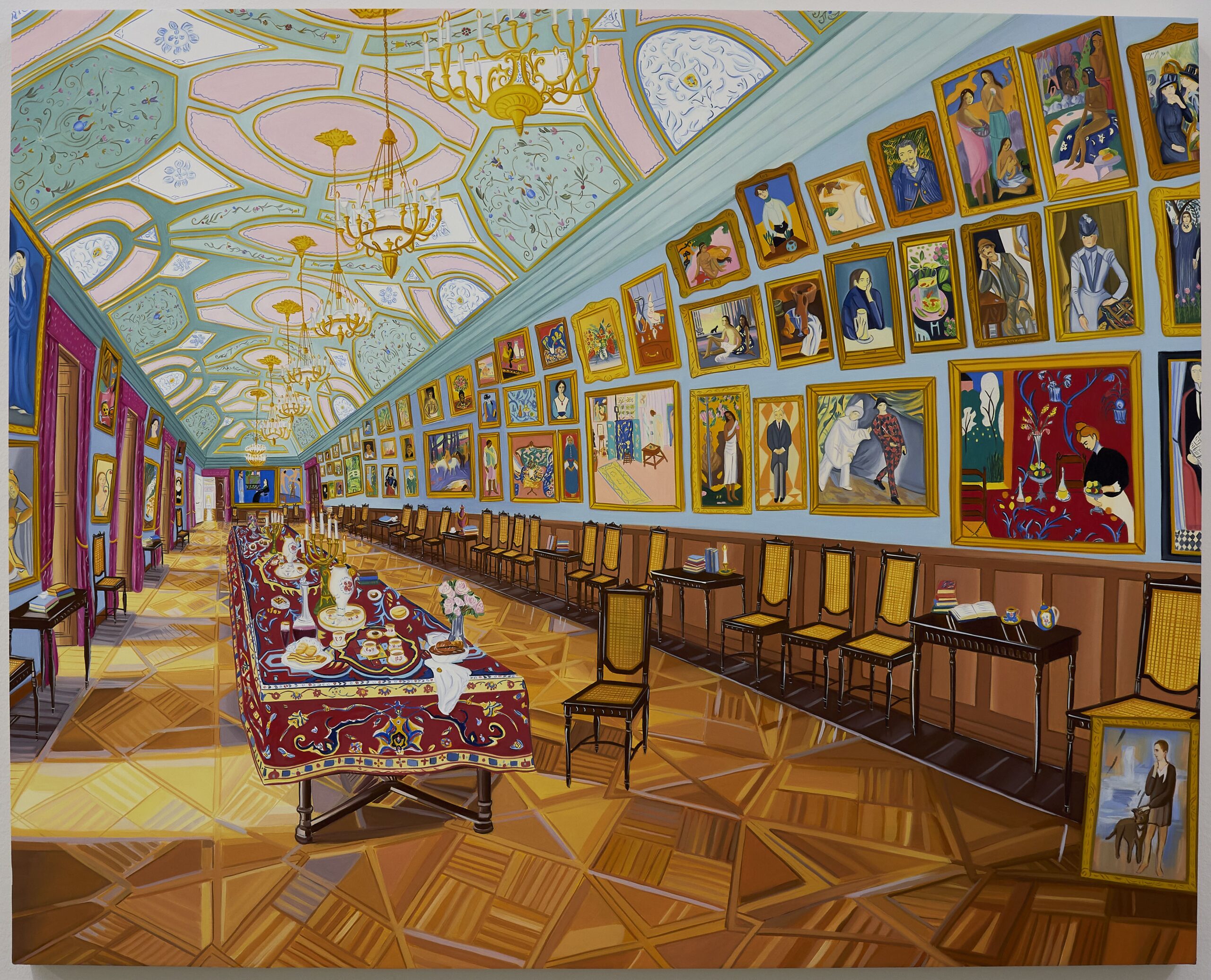 Painting of an imagined version of Trubetskoy Palace's Dining Room in 1914, including a long, set table with one empty chair next to it and a wall of framed paintings