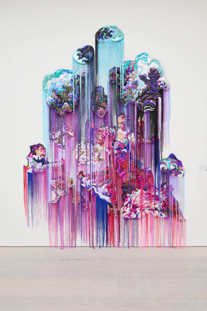 Pinks, purples, and blues dominate in these collaged textiles which depict a woman moving, in a full dress, to the right and the floating head of an admirer to the left.