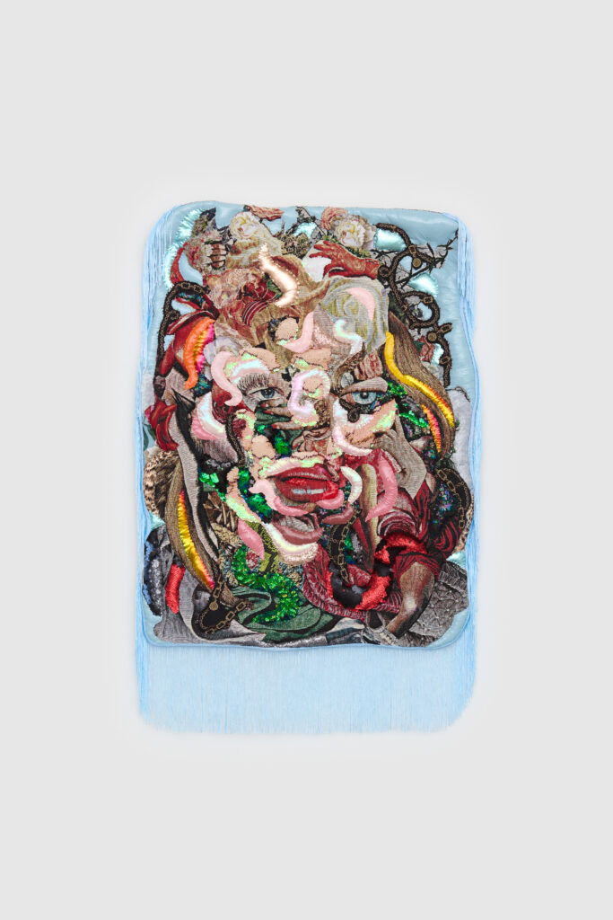 Woman's facial features emerge from a collage of multi-colored fabrics surrounded by light blue fringe.