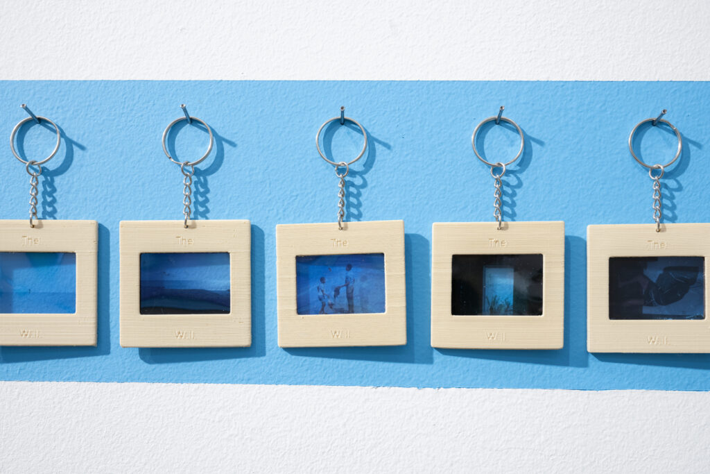 Five keychains that faintly say on each "The W.I." hanging from hooks against a blue background. Blue images centered in keychains are in various shades of blue and include images of the beach and water.