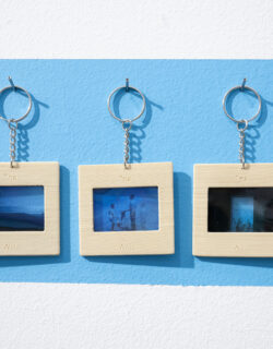 Five keychains that faintly say on each "The W.I." hanging from hooks against a blue background. Blue images centered in keychains are in various shades of blue and include images of the beach and water.